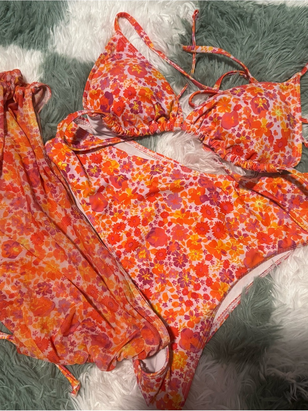 SHEIN Orange & Pink Floral Bandeau Bikini Set with Sheer Cover-Up